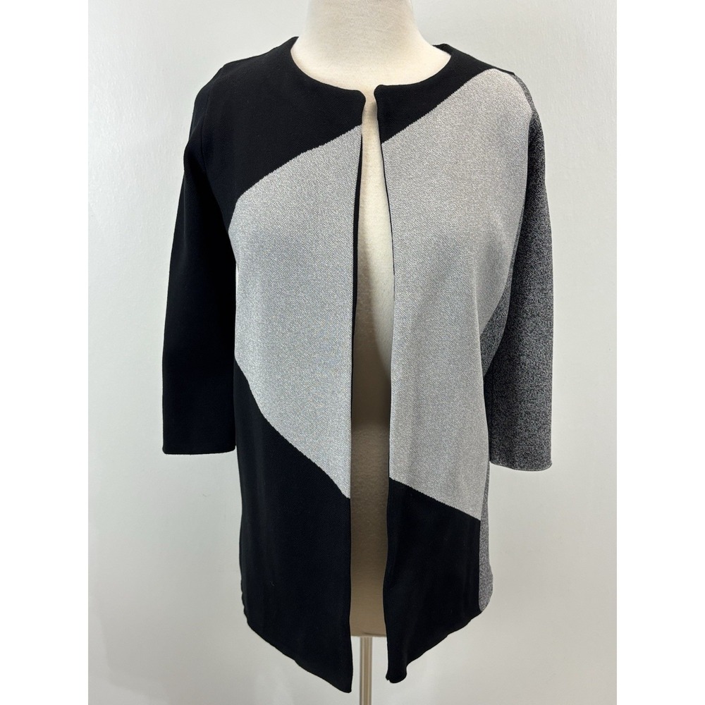 Ann Taylor Colorblock Cardigan Sweater Sz XSp Petite Black Grey Knit Midlength